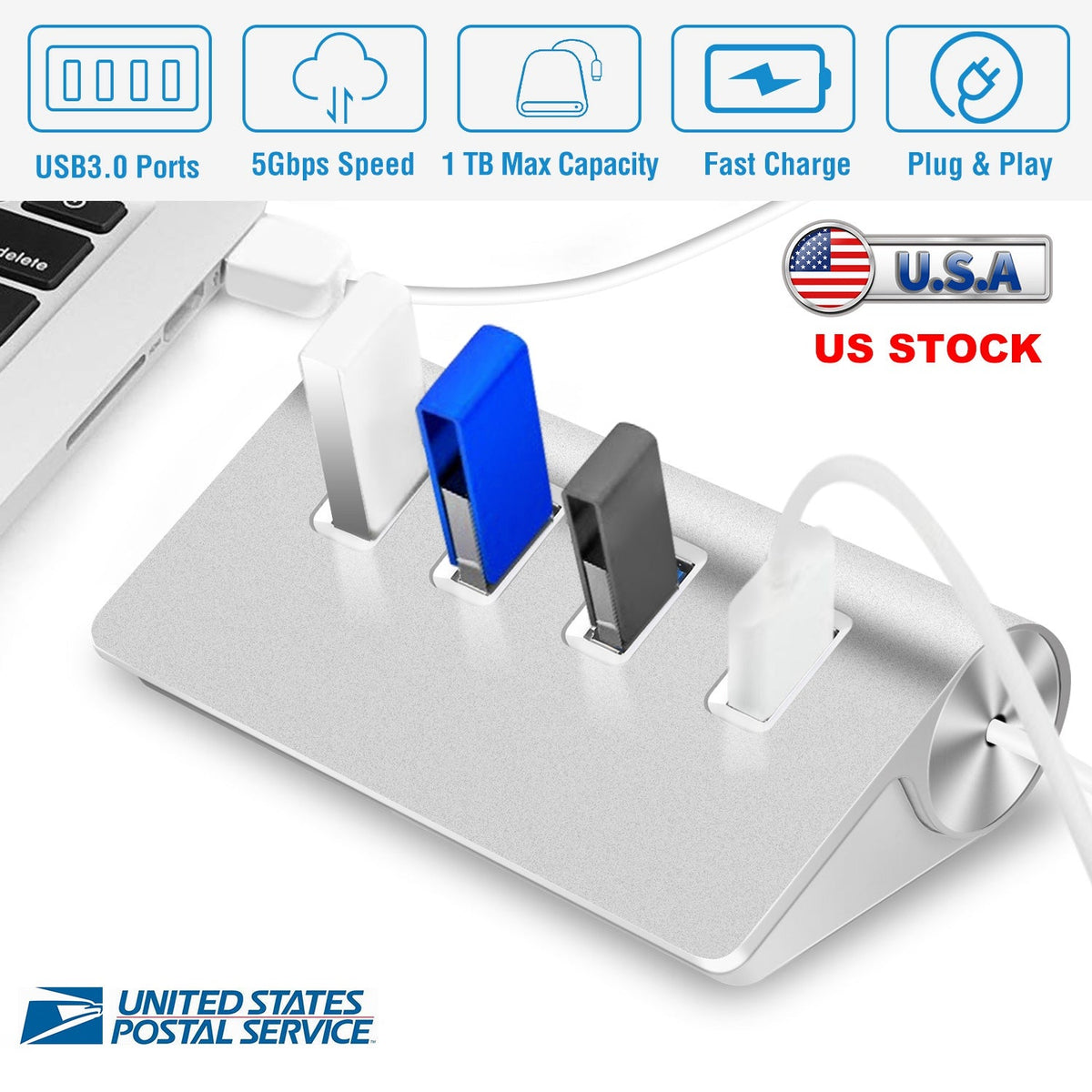4 Ports USB3.0 Hub 5Gbps USB3.0 Aluminum Expansion Hub Splitter File Video Date Reader Transmission For U Disk Flash Drive Mouse Digital Camera