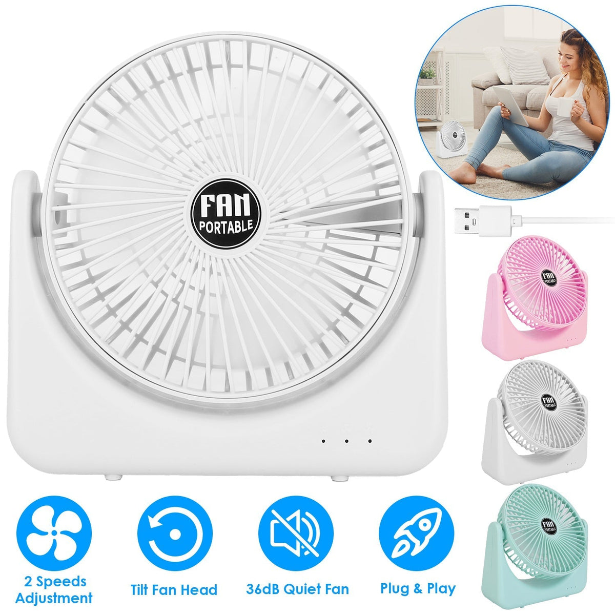 6.5in Desk Fan USB Powered 2 Speeds Table Cooling Fan Tilt Quiet Desktop Fan for Bedroom Office