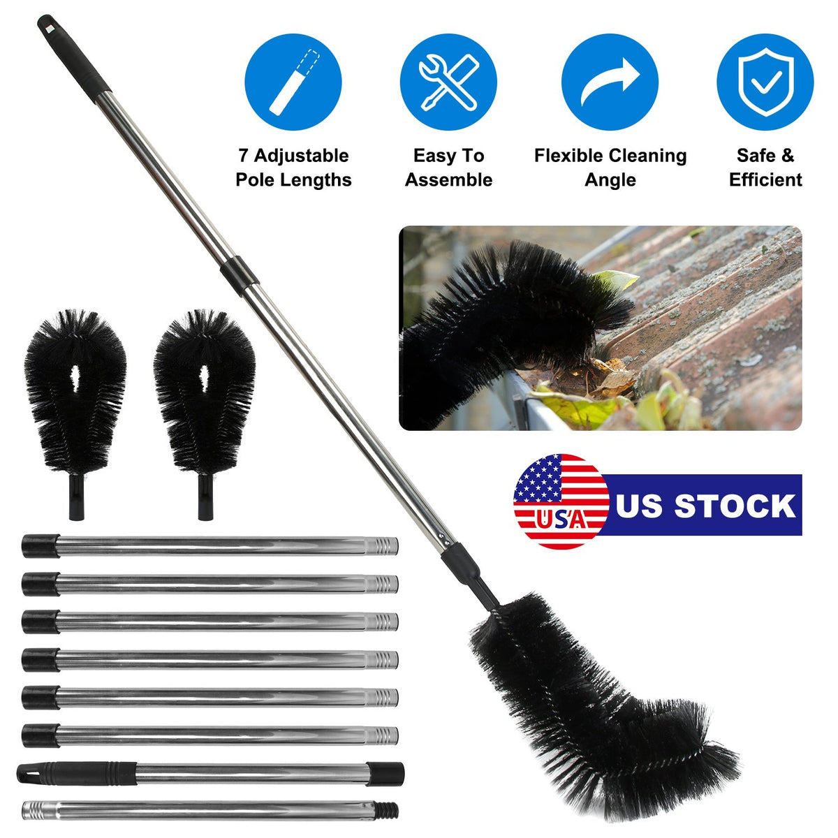 11.5FT Gutter Cleaning Brush With Telescoping Handle Rain Gutter Cleaner Extendable Gutter Cleaning Tool From The Ground with 2 Angled Brushes Anti-sl