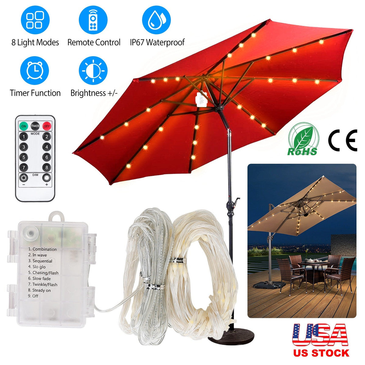 Patio Umbrella Lights 8 Lighting Mode Waterproof Parasol Timer Lamps W/ Remote Controller 104 LED 8 Bundles Warm White for Patio Garden