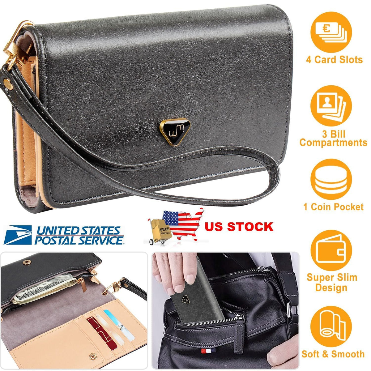 Women Wristlet Wallet PU Leather Lady Purse Credit Card Holder 4 Card Slots 3 Money Pouches 1 Coin Pocket