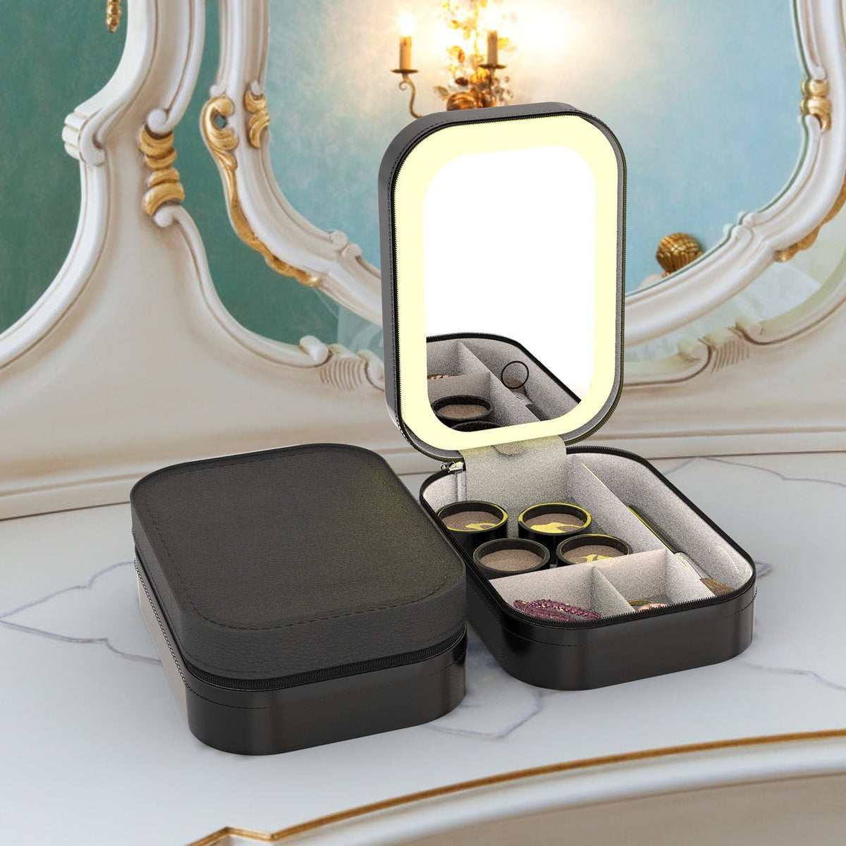 Portable Travel Makeup Bag With LED Mirror Rechargeable Beauty Mirror With 3 Color Light Dimmable Brightness Waterproof Cosmetic Bag With 4 Compartmen