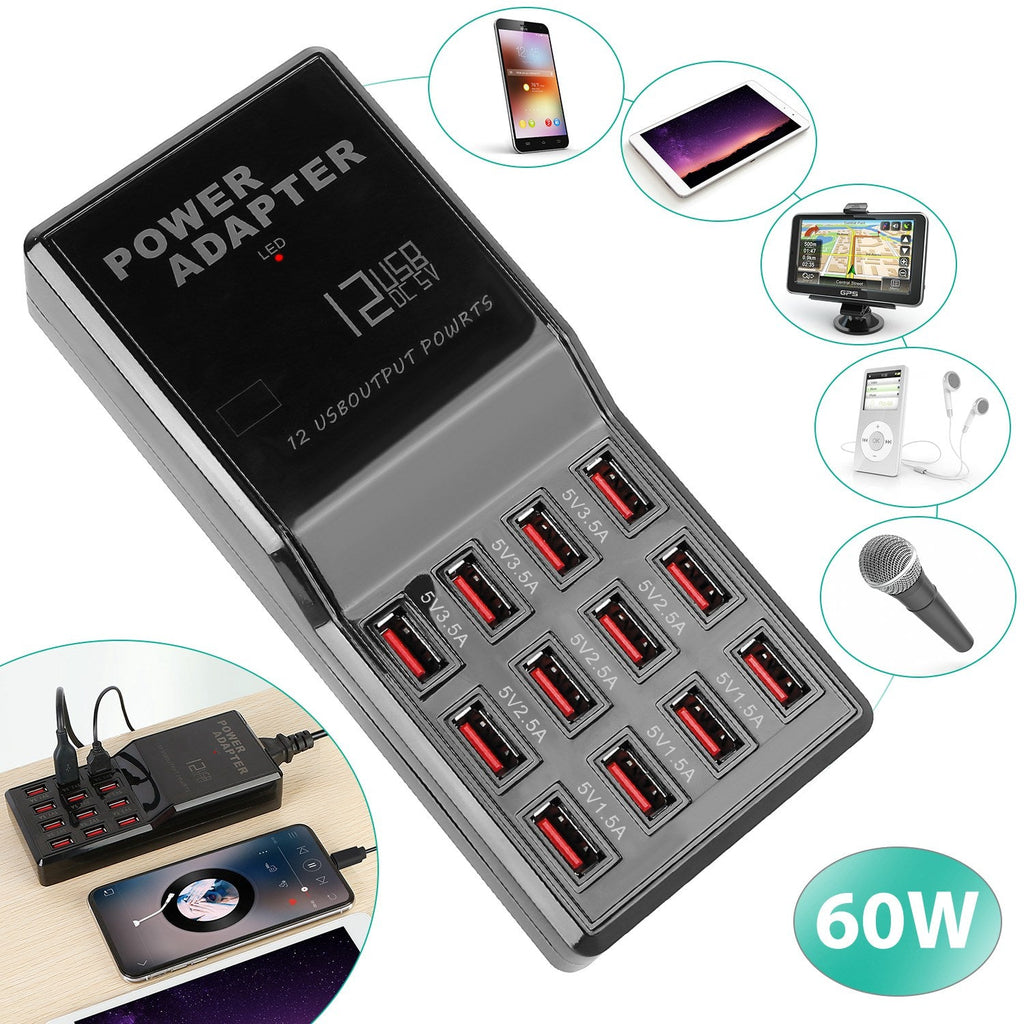 Multi 12 Port USB Charging Station Hub 60W Desktop USB Hub Multiple USB Charger Fast Charge For iPod iPhone 3.74ft Power Cord