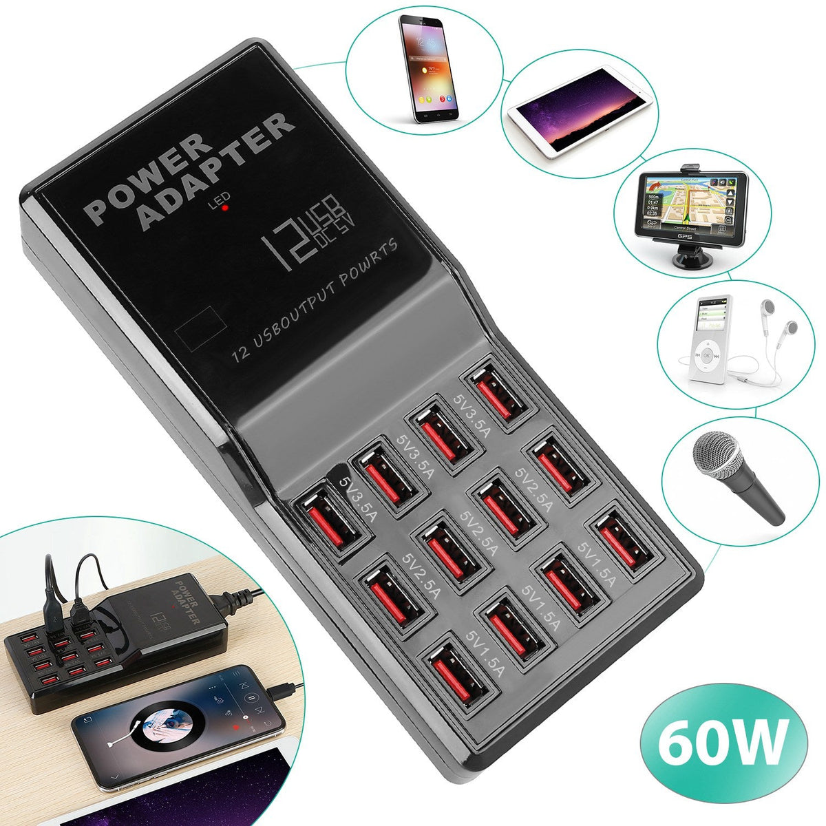 Multi 12 Port USB Charging Station Hub 60W Desktop USB Hub Multiple USB Charger Fast Charge For iPod iPhone 3.74ft Power Cord