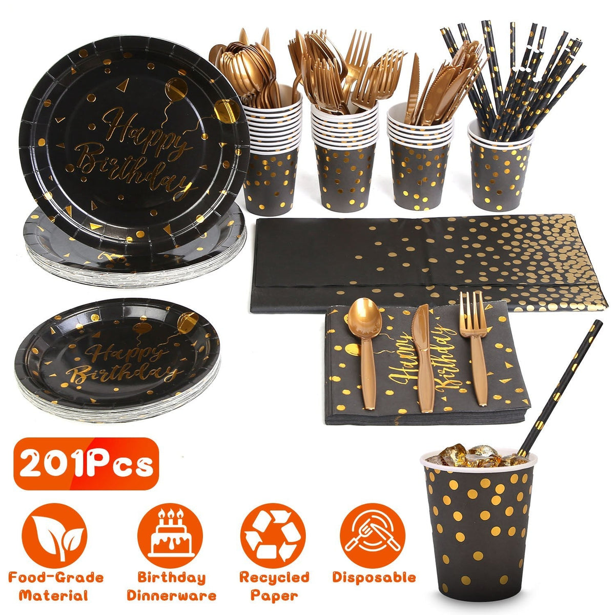 201PCS Black Gold Birthday Party Supplies For 25 Guests Happy Birthday Disposable Dinnerware Set Paper Plates 9OZ Cups Straws Napkins Forks Knives Spo