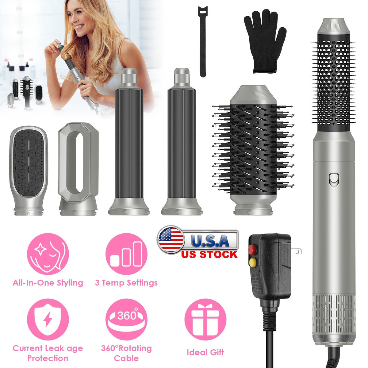 6 In 1 Hot Air Styler Volumizer Straightener Curler Dryer Automatic Wrap Styler Hair Dryer Brush Set with 3 Temp Settings ALCI Plug Glove Cable Zip Ti