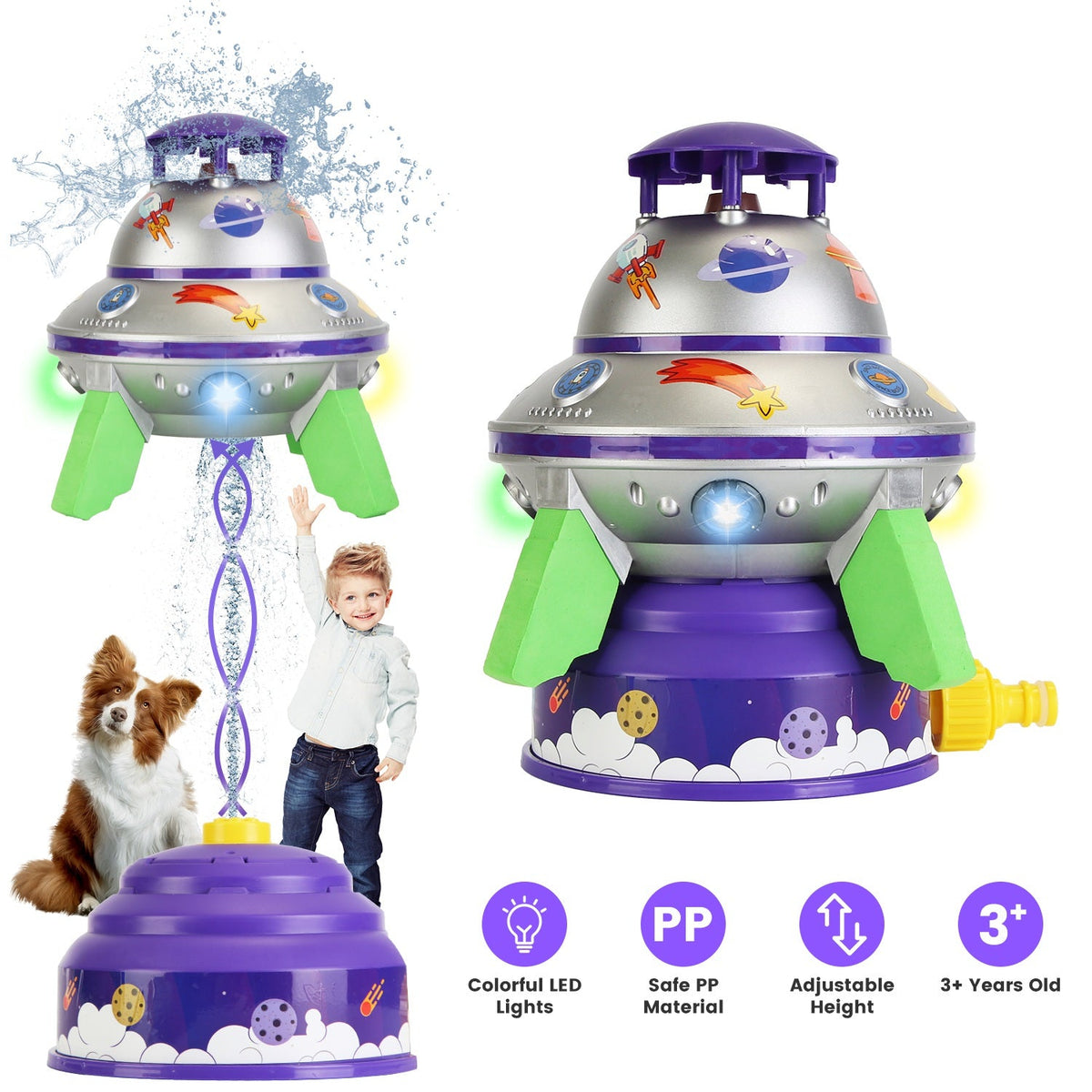 UFO Water Sprinkler Outdoor Summer Rocket Toy With Colorful LED Lights 360¡ Spinning 1.64FT To 6.56FT Adjustable Height Birthday Summer Gift For Girls