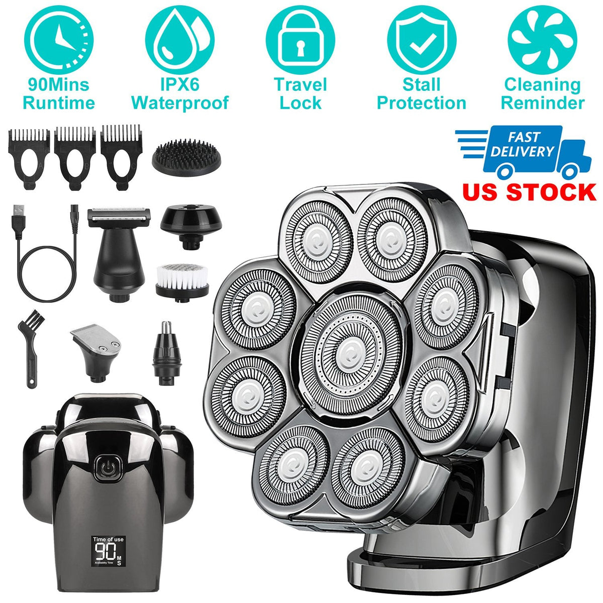 6 In 1 9D Electric Head Shaver for Men Cordless Rechargeable Wet Dry Razor with LED Display Travel Lock Stall Protection Cleaning Reminder