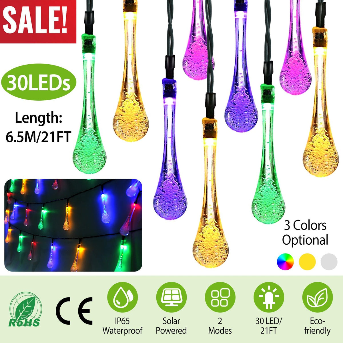 Outdoor Solar String Lights 21 Feet 30 LEDs Water Drop Solar Powered Lights Waterproof Solar Fairy Lights Decorative Solar Powered Lights for Home Pat