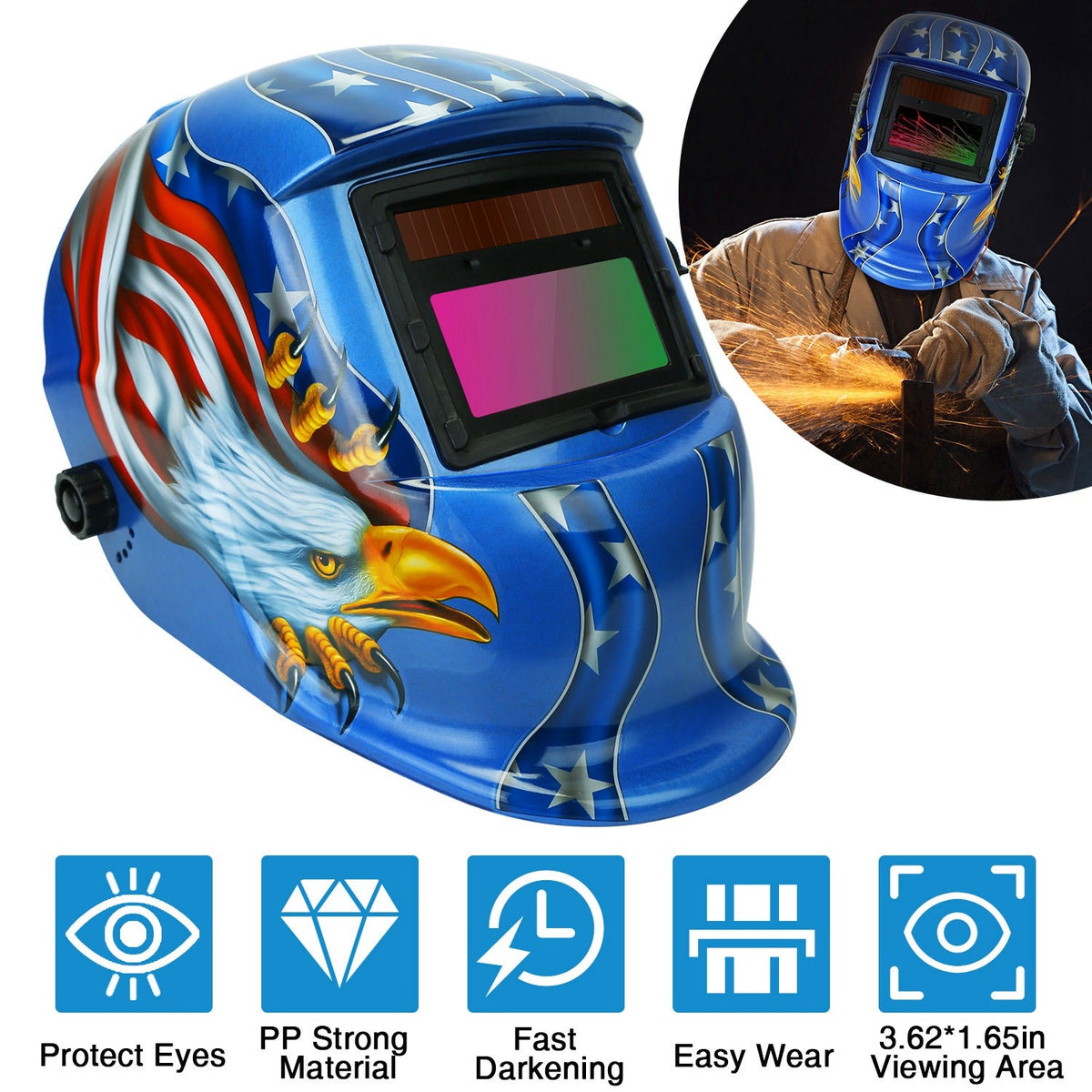 Welding Helmet Solar Powered Auto Darkening Hood with Adjustable Wide Shade Range 9-13 for Mig Tig Arc Weld Grinding Welder Mask