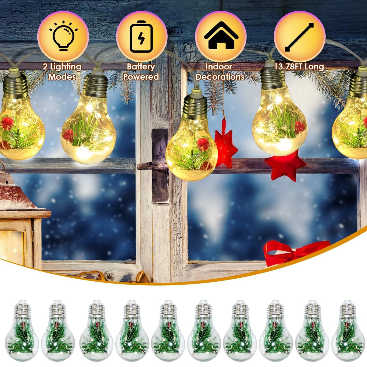 13.78FT Christmas Snow Globe String Light Battery Powered 10 LED Bulbs Indoor Christmas Lights with Pine Needles Snowflakes Berries