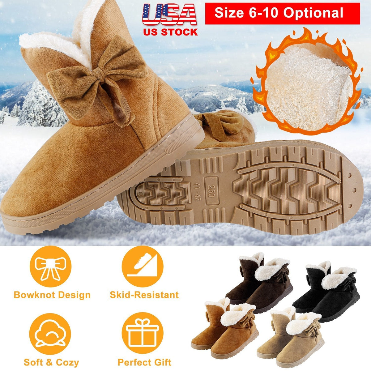 Women Ladies Snow Boots Super Soft Fabric Mid-Calf Winter Shoes Thickened Plush Warm Lining Shoes w/ Anti-slip Rubber Base Bowknot