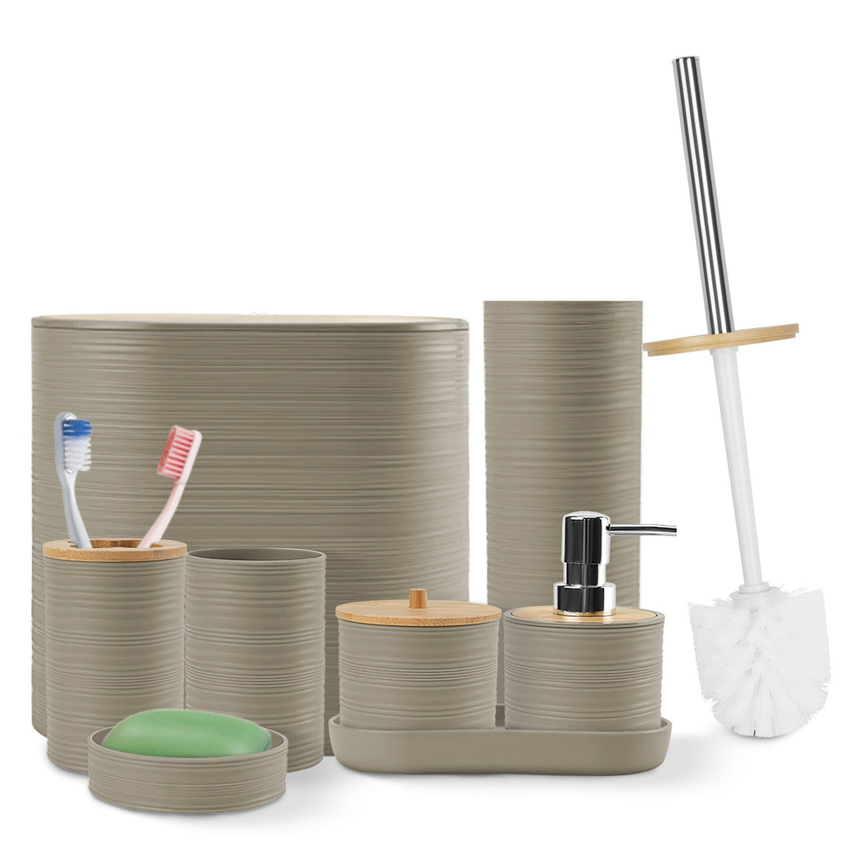 8Pcs Bathroom Accessories Set Bathroom Holder Set with Soap Dispenser Toothbrush Holder Cup Soap Dish Toilet Cleaning Brush Trash Can Qtip Holder Vani