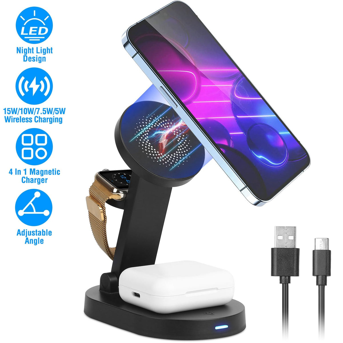 4 In 1 Magnetic Wireless Charging Station Dock Charger 15W Foldable Fast Charging Stand Fit for iPhone 13 12 Pro Pro Max Mini iWatch 7 6 5 4 3 2 1 Air