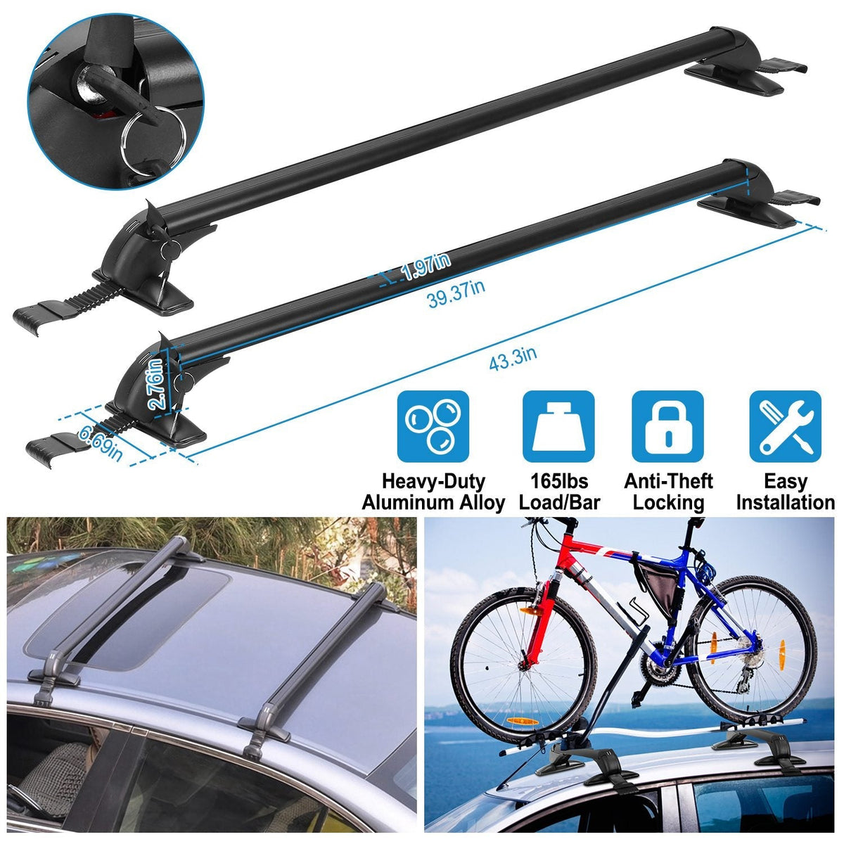 2PCS Universal 110cm/43-inch Car Roof Rack Cross Bar w/ Anti-Theft Lock Adjustable Window Frame for bike kayak cargo luggage