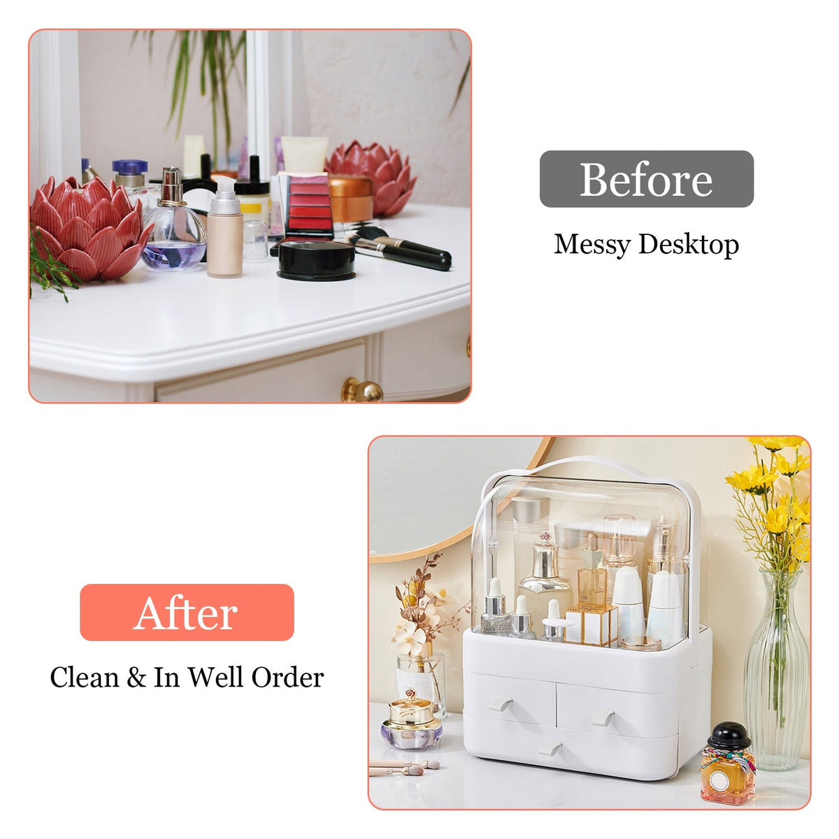 3 Tiers Makeup Organizer Cosmetic Storage Box with Dustproof Waterproof Lid Portable Handle Drawers Cosmetic Display Case for Bathroom Bedroom Dressin
