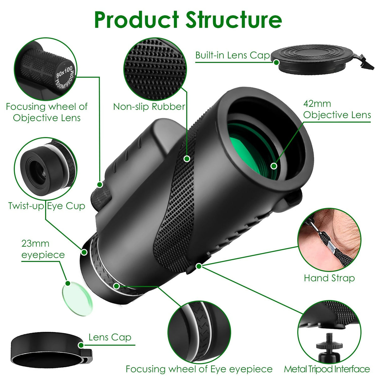 80x100 HD Monocular Telescope for Adults BAK-4 Prism High Power Monocular for Smartphone with FMC Lens Phone Adapter Tripod Case for Bird Watching Hun