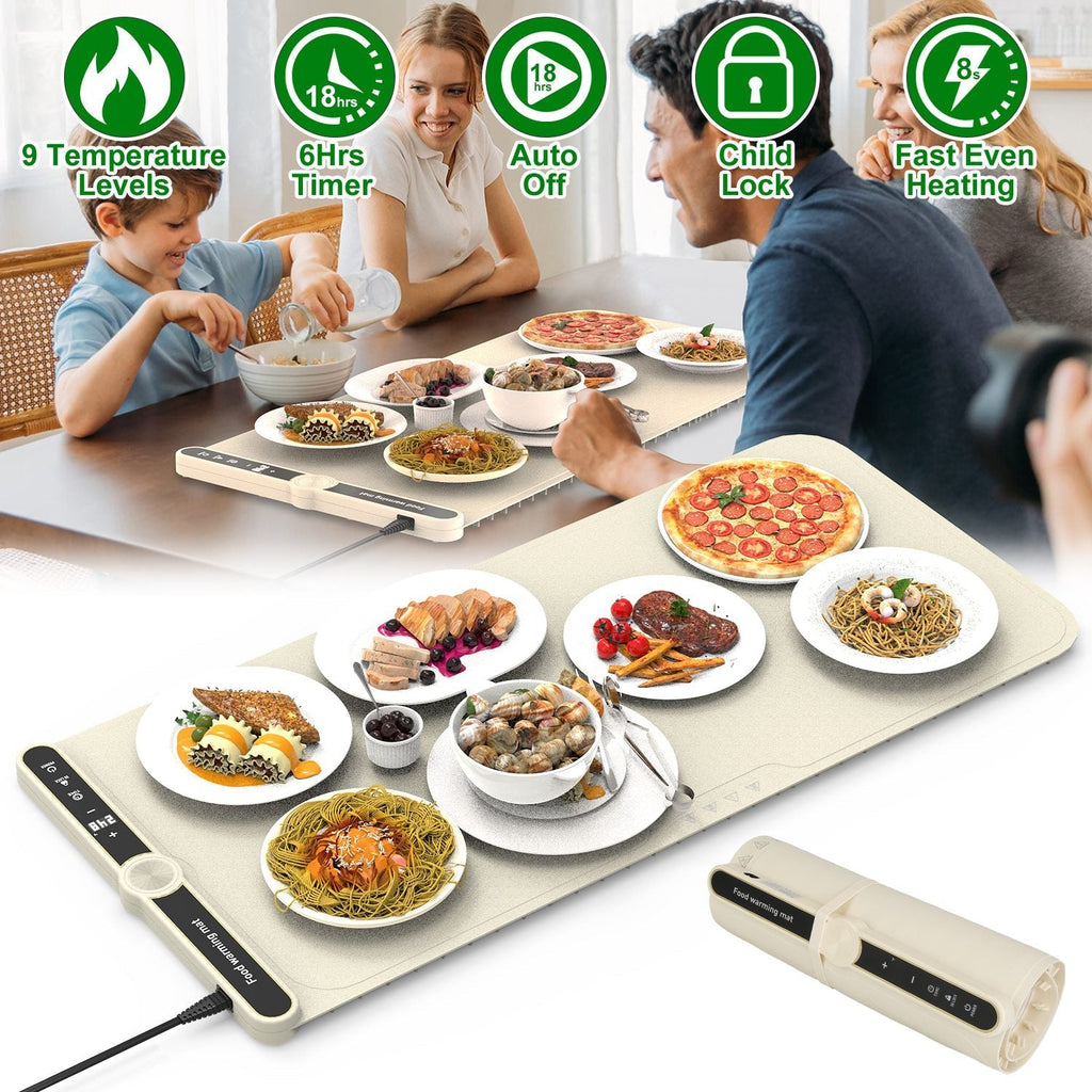 Silicone Food Warming Mat With 9 Temperature Levels 6Hrs Timer Child Lock Auto Shut Off Roll-Up Electric Warming Tray For Party Buffet Gathering Daily