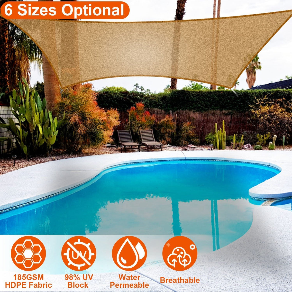 Rectangle Top CanopyÊ98% UV Block Awning Shelter 185GSM HDPE Patio Cover with Snap Hooks Ropes for Outdoor Garden Backyard