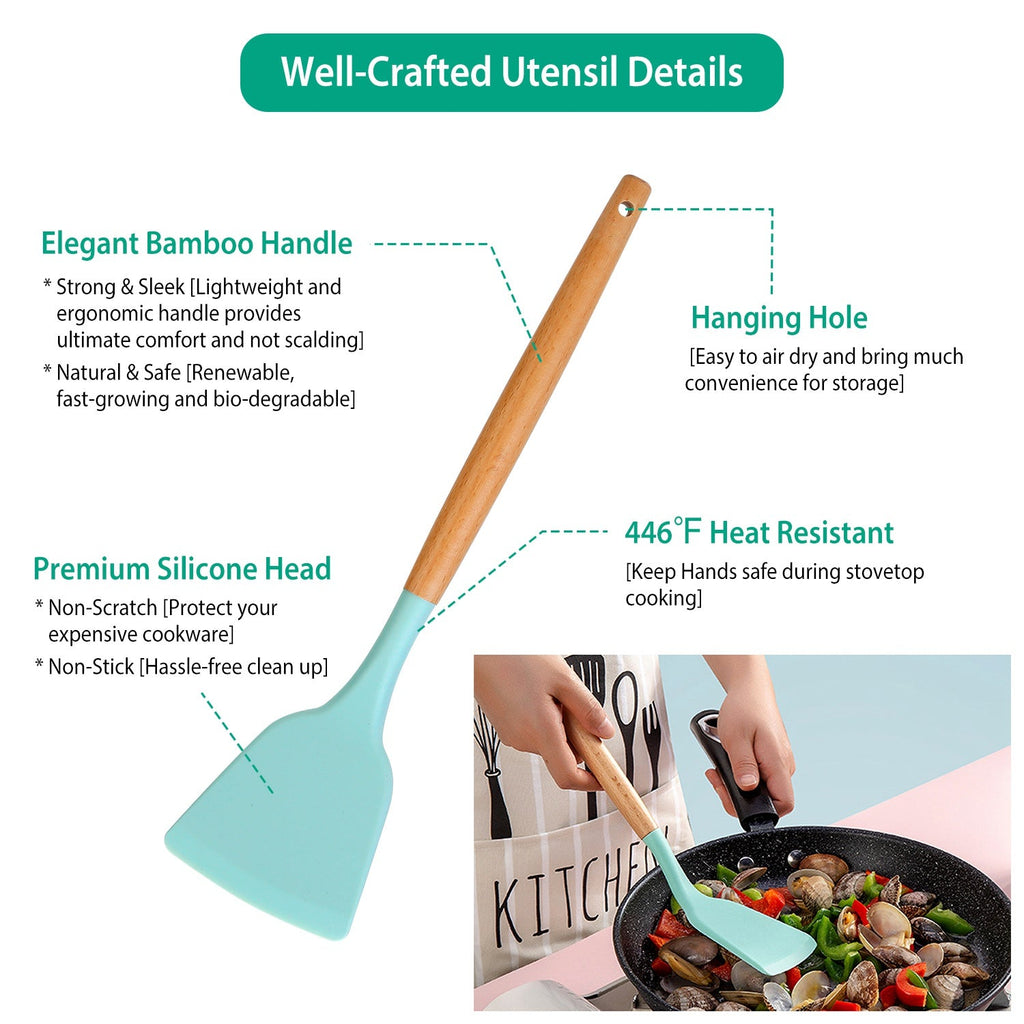 11PCS Silicone Utensil Set – Heat-Resistant with Wooden Handles & Holder
