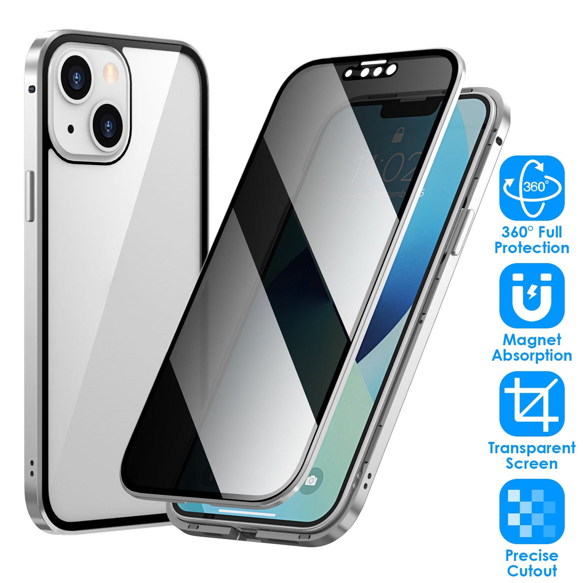 Privacy Magnetic Phone Case 360¡ Full Protection Anti Spy Phone Cover Double Sided Tempered Glass Magnet Absorption Fit for IOS Phone 12