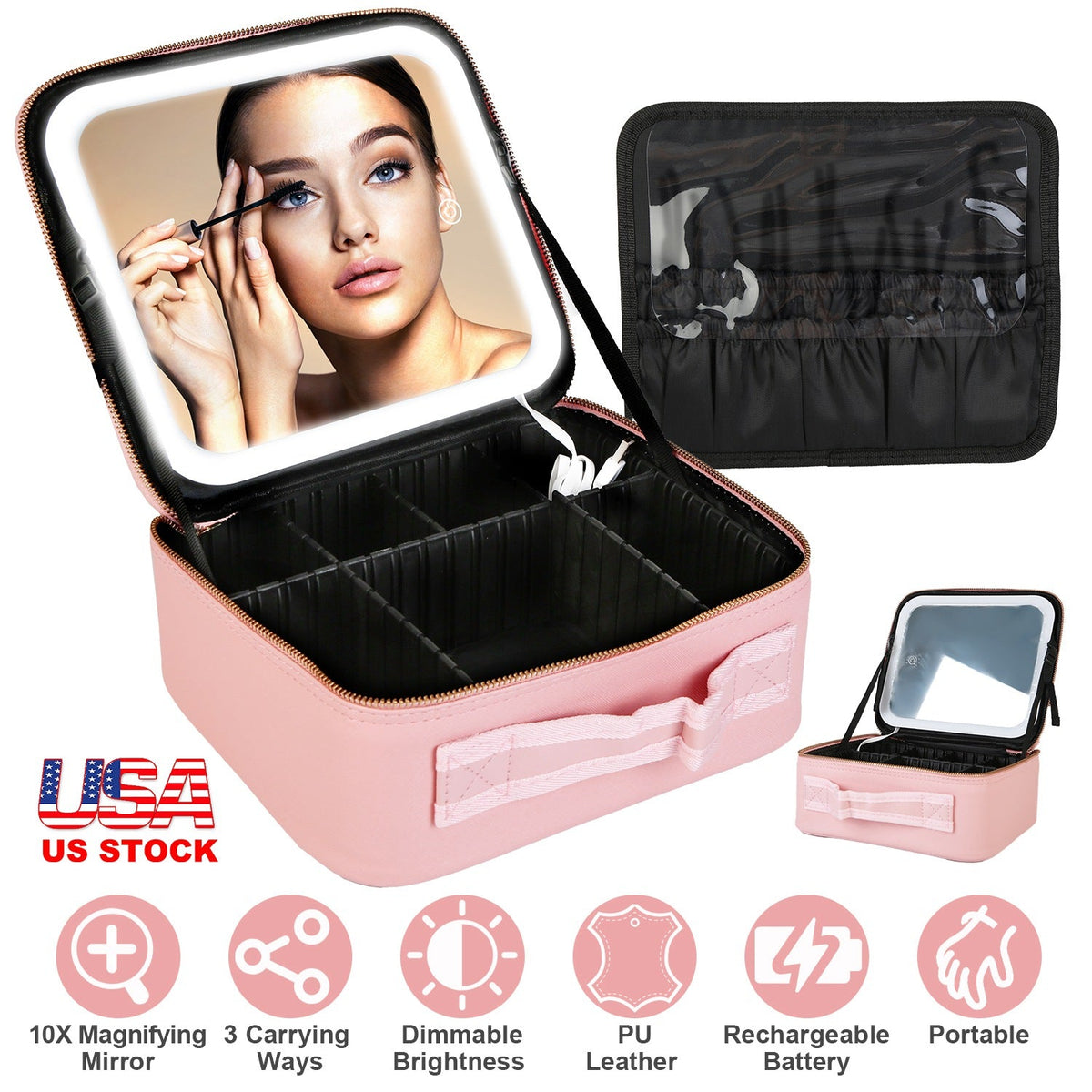 Travel Makeup Bag with LED Mirror Makeup Case Organizer with 3 Light Colors Adjustable Dividers Brush Holder Magnifying Mirror Dimmable USB Rechargeab