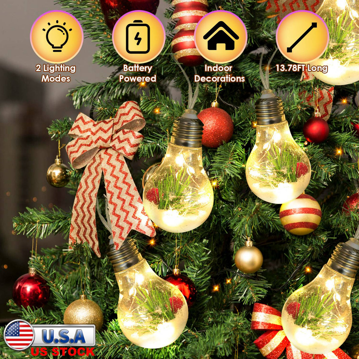 13.78FT Christmas Snow Globe String Light Battery Powered 10 LED Bulbs Indoor Christmas Lights with Pine Needles Snowflakes Berries