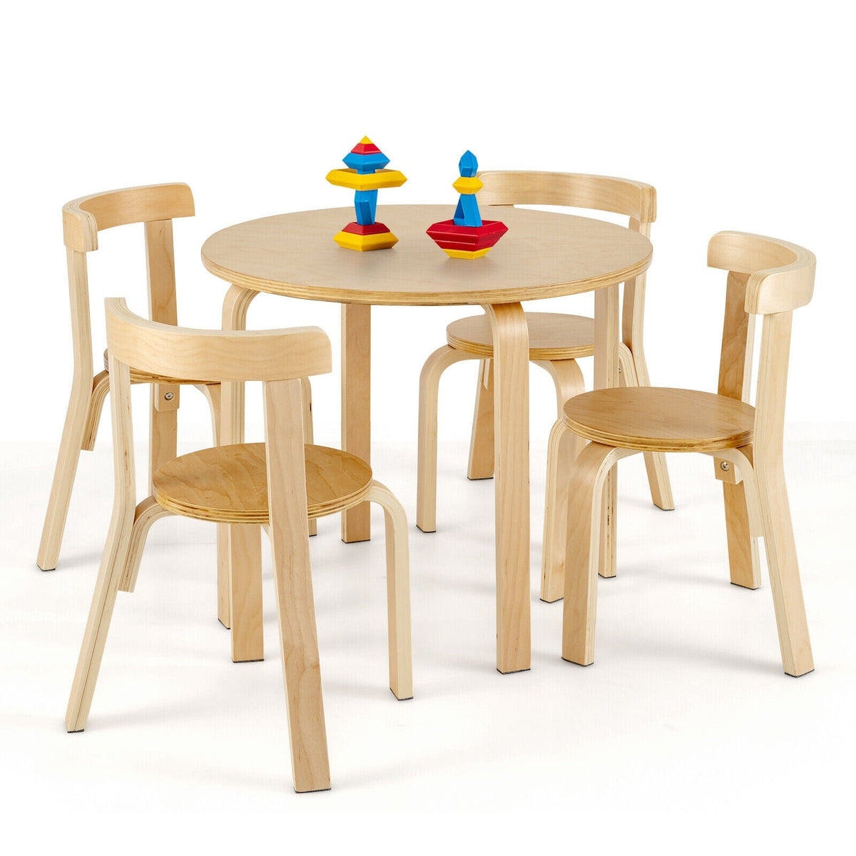 5-Piece Kids Wooden Curved Back Activity Table and Chair Set with Toy Bricks-Natural
