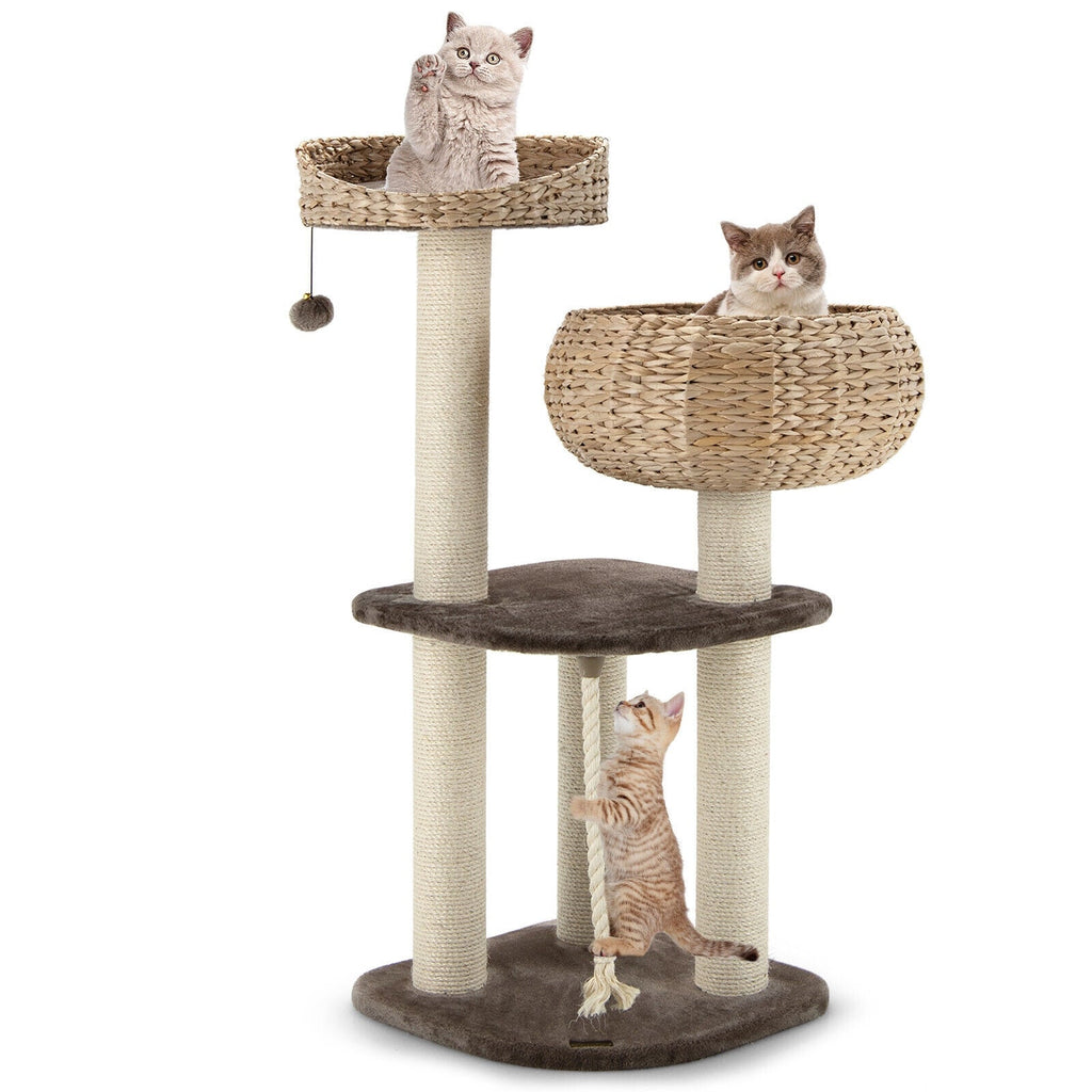 41 Inch Rattan Cat Tree with Napping Perch-Brown