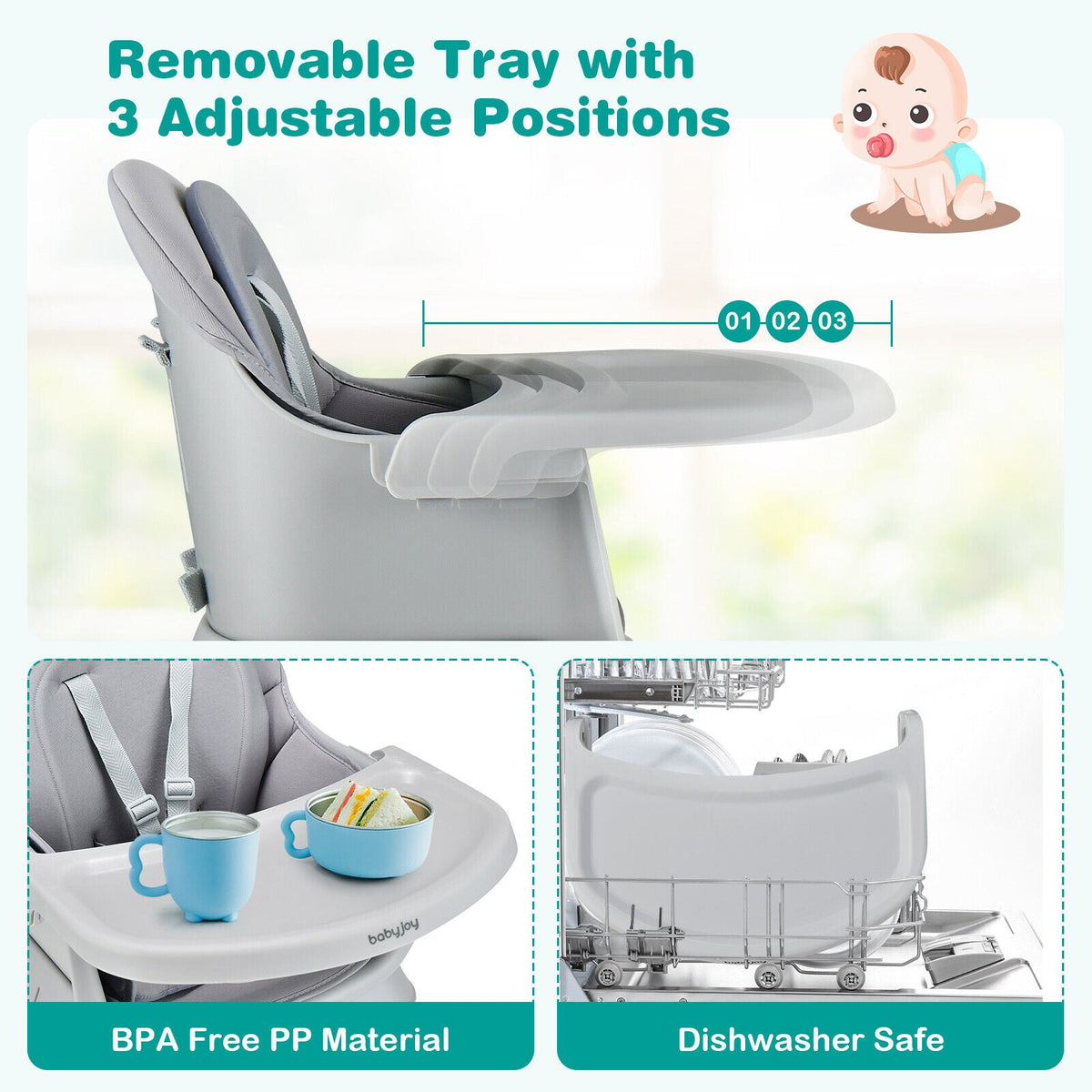 6-in-1 Convertible Baby High Chair with Adjustable Removable Tray-Gray