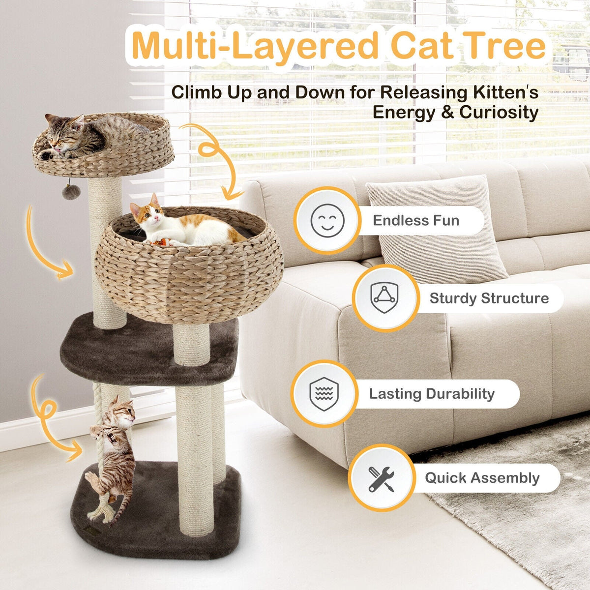 41 Inch Rattan Cat Tree with Napping Perch-Brown