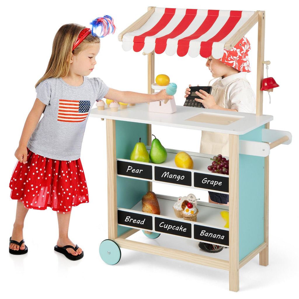 Kids Wooden Ice Cream Cart with Chalkboard and Storage-Red