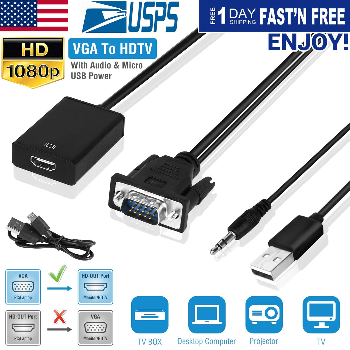 VGA to HD IN & HD OUT Converter Adapter HD 1080P Video Audio Cable Adapter w/ USB 3.5mm Plug For HDTV TV Projector Laptop