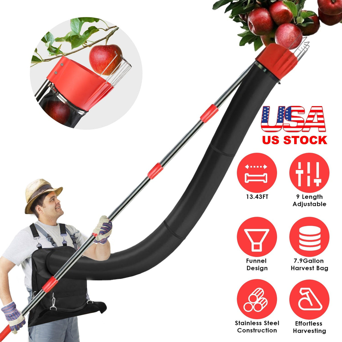 13.43FT High Reach Fruit Picker Pole with Harvest Bag Heavy Duty Fruit Picking Tool with Basket Funnels Collection Bag for Mango Avocado Lemon Apples