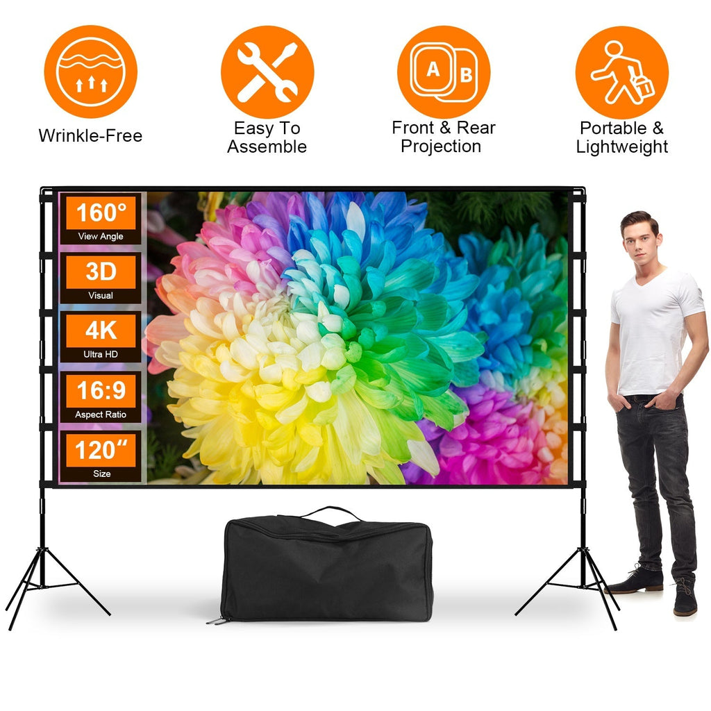 120inch Projector Screen with Stand 16:9 4K HD Rear Front Wrinkle-Free Portable And Foldable Movie Screen with Carry Bag For Indoor Outdoor Home Theat