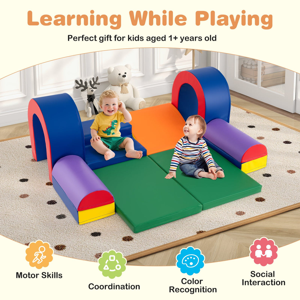 10-Piece Foam Climbing Blocks Soft PU Leather Play Gym Lightweight Baby Climber Structures-Multicolor