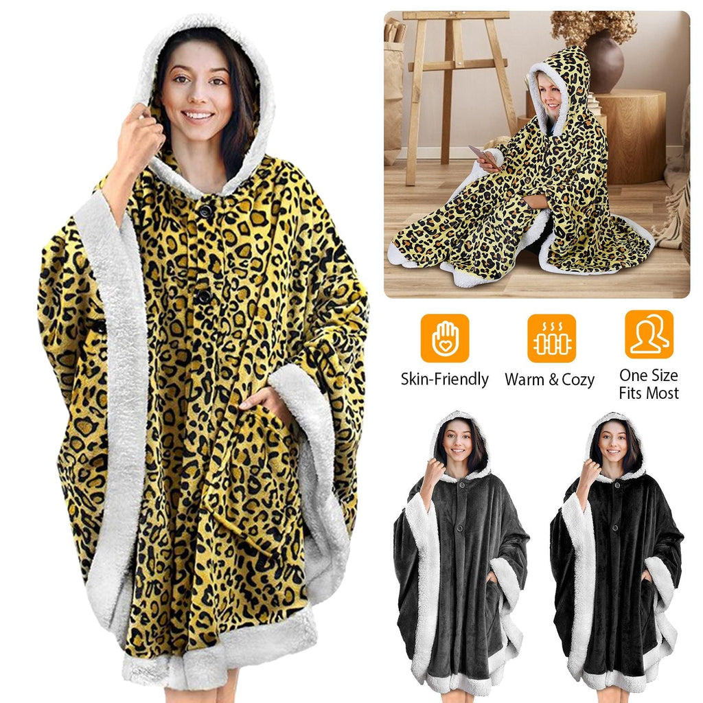 Hoodie Blanket Wrap Wearable Hoodie Snuggle Robe Sweatshirt Soft Lined Cuddle Poncho Cape w/ Hat 2 Pockets Buttons