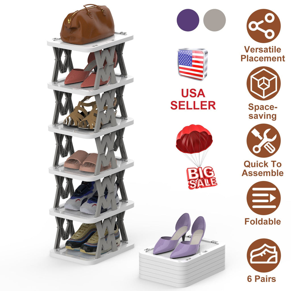 6 Tier Foldable Shoe Rack Vertical Shoe Organizer Narrow Shoe Rack for Small Spaces Space Saving Free Standing for Corner Entryway Hallway Bedroom