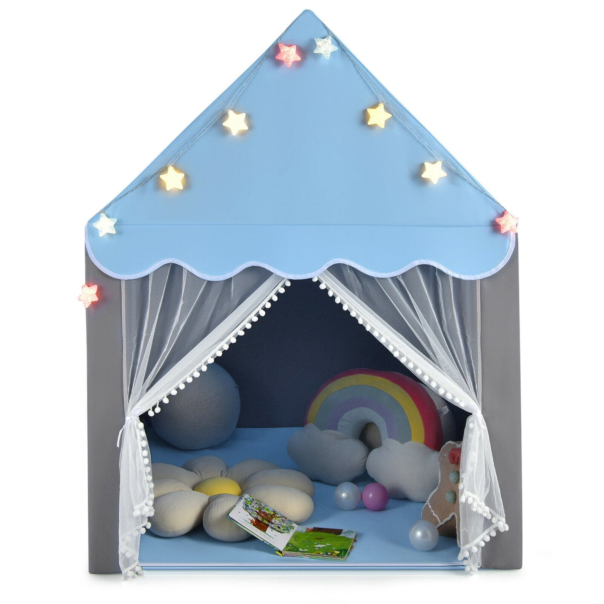 Kids Playhouse Tent with Colorful Star Lights and Mat-Blue