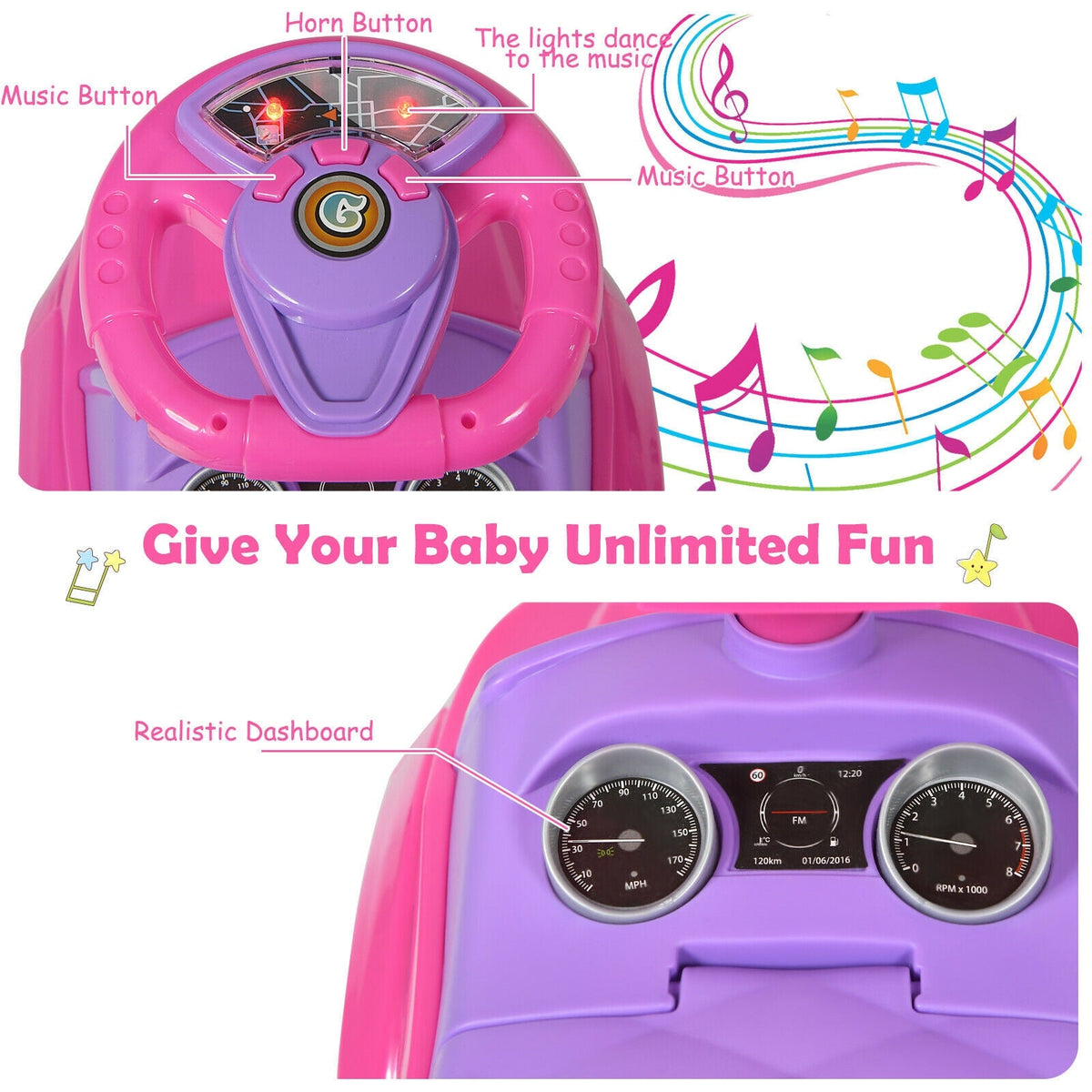 3 in 1 Ride on Push Car Toddler Stroller Sliding Car with Music-Pink