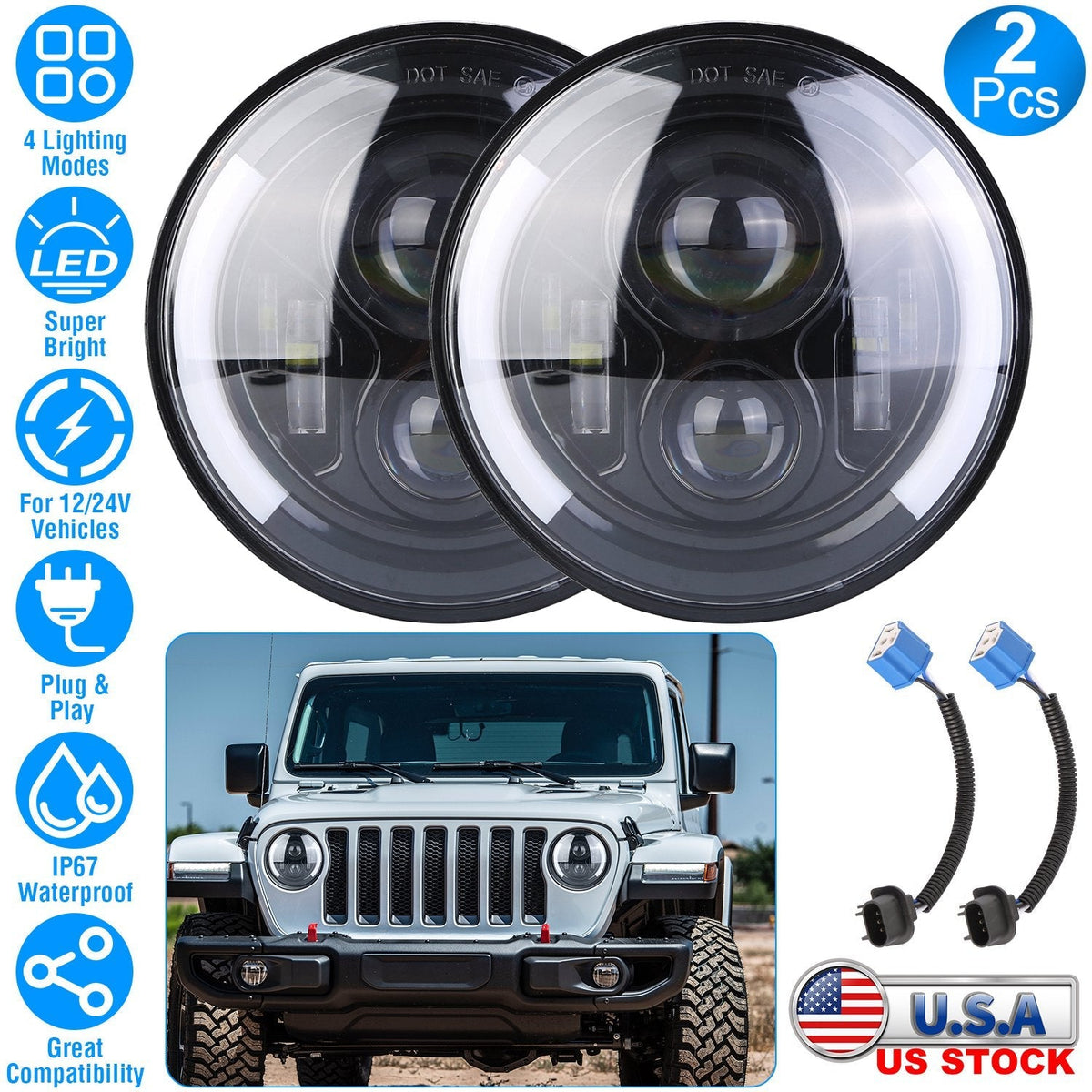 2Pcs 7In 40W Round LED Headlights 3800LM Halo Car Headlamp with DRL Turn Light High Low Beam Fit for Honda Yamaha Motorcycle Jeep Wrangler TJ JK CJ