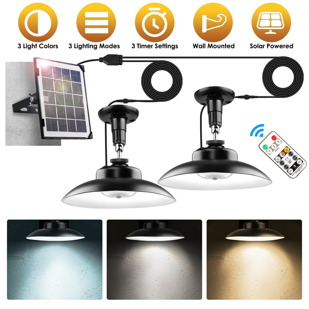 2Pack Solar Shed Lights with Separate Panel Wall Mounted Solar Pendant Light Indoor Outdoor with Remote Timer 3 Modes 3 Light Colors IP 55 Waterproof