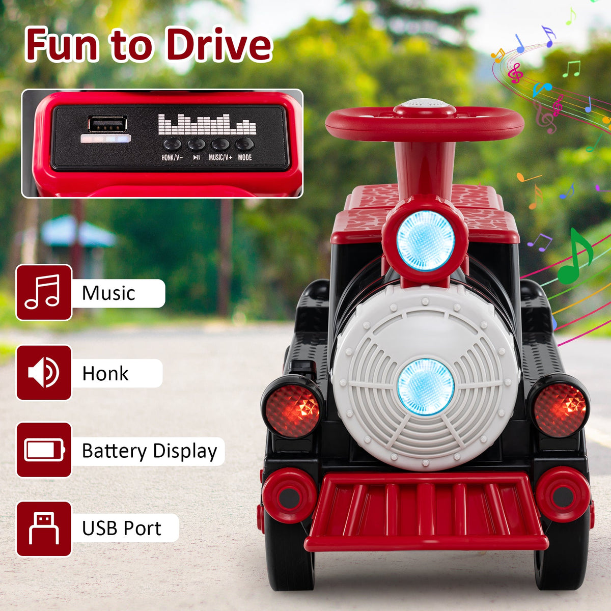12V 2-Seater Ride on Toy with Train Whistle and Removable Chair-Red