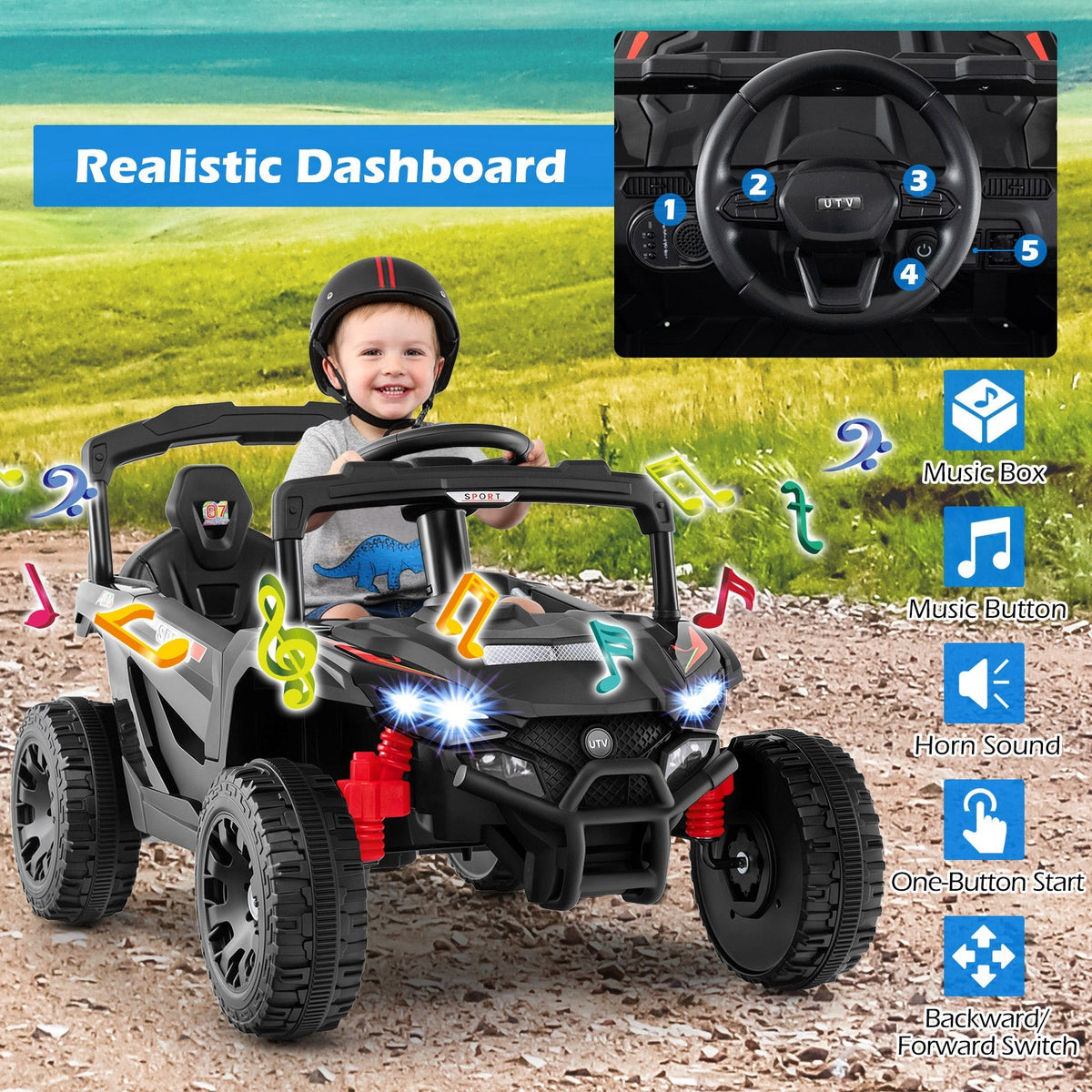 12V Kids Ride On Car UTV Electric Vehicle with LED Lights Music and Horn