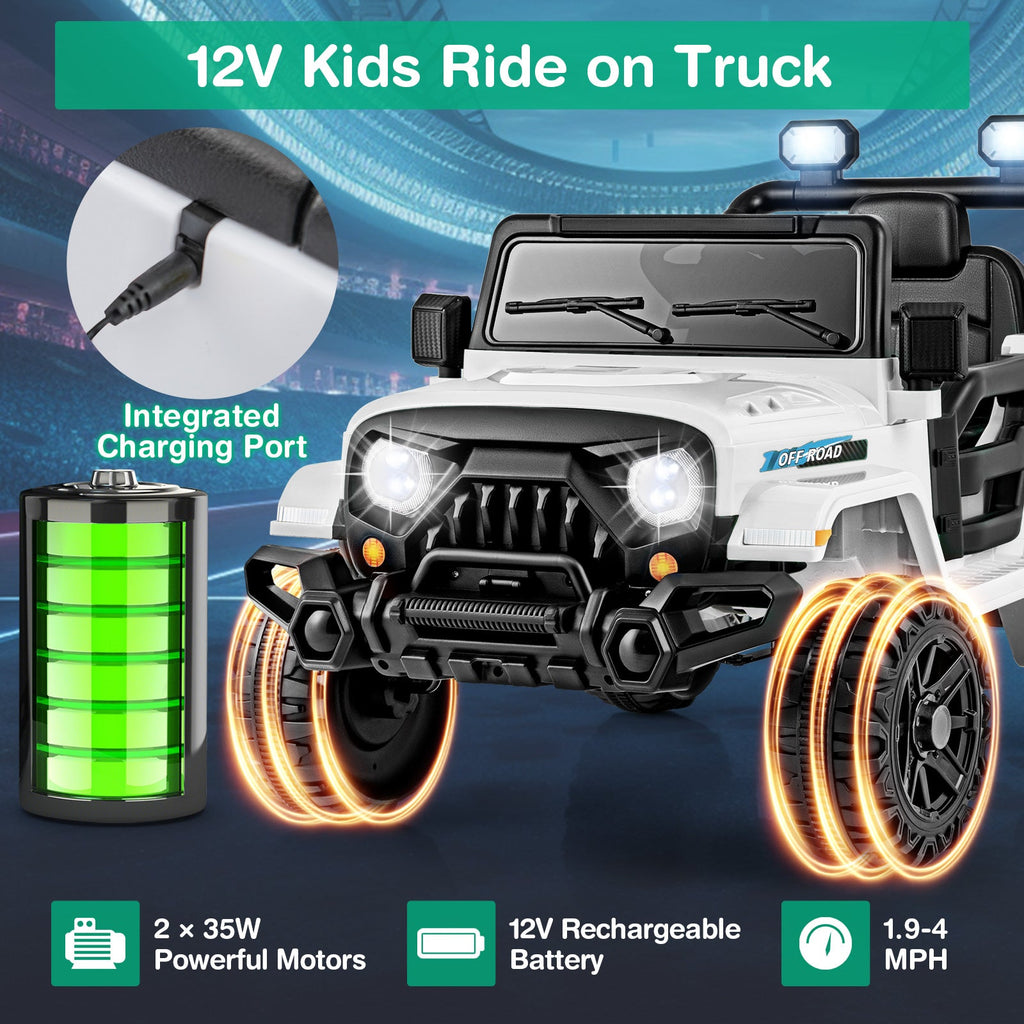 12V Kids Ride on Truck Car with Remote Control Threaded Wheels and 3 Speeds-White