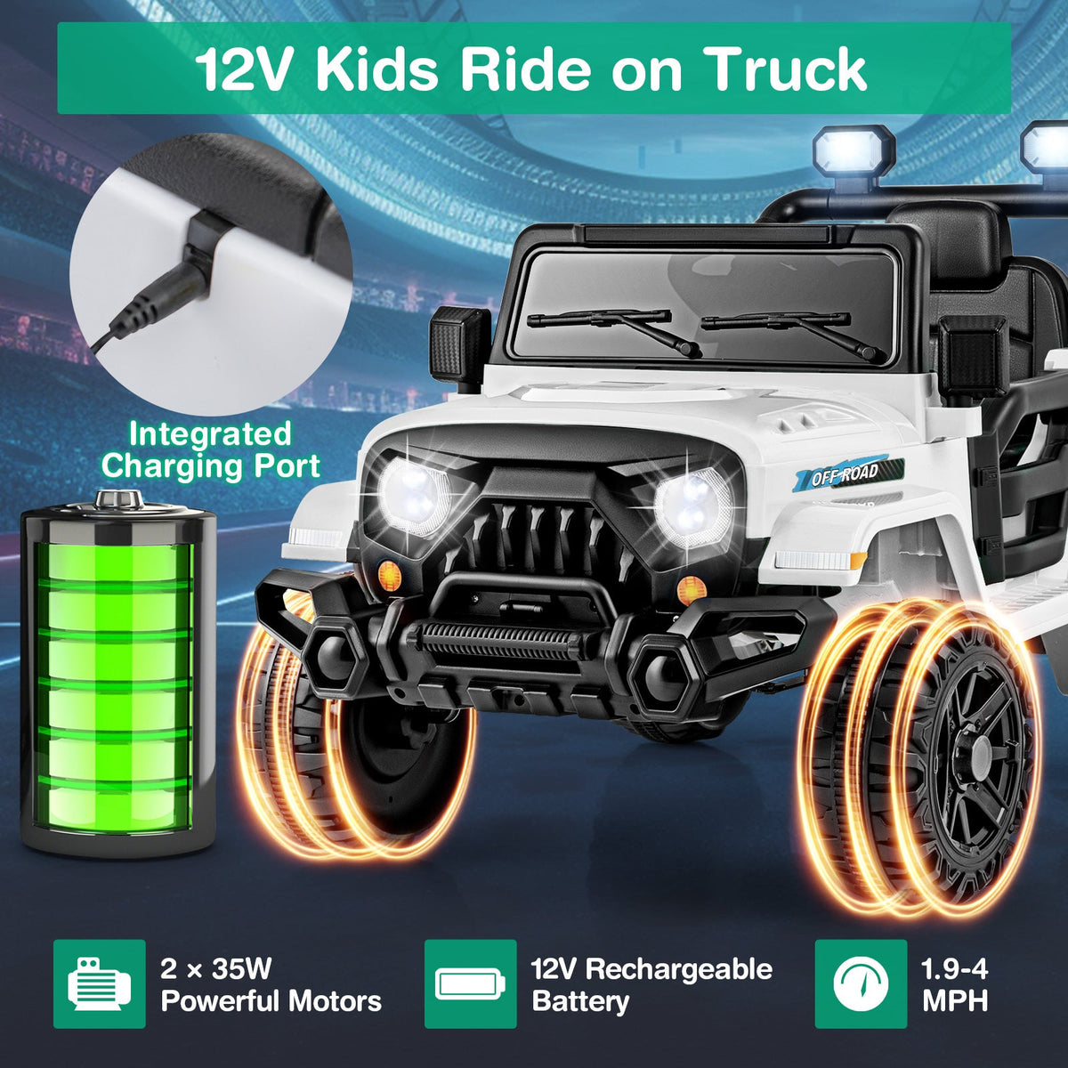 12V Kids Ride on Truck Car with Remote Control Threaded Wheels and 3 Speeds-White