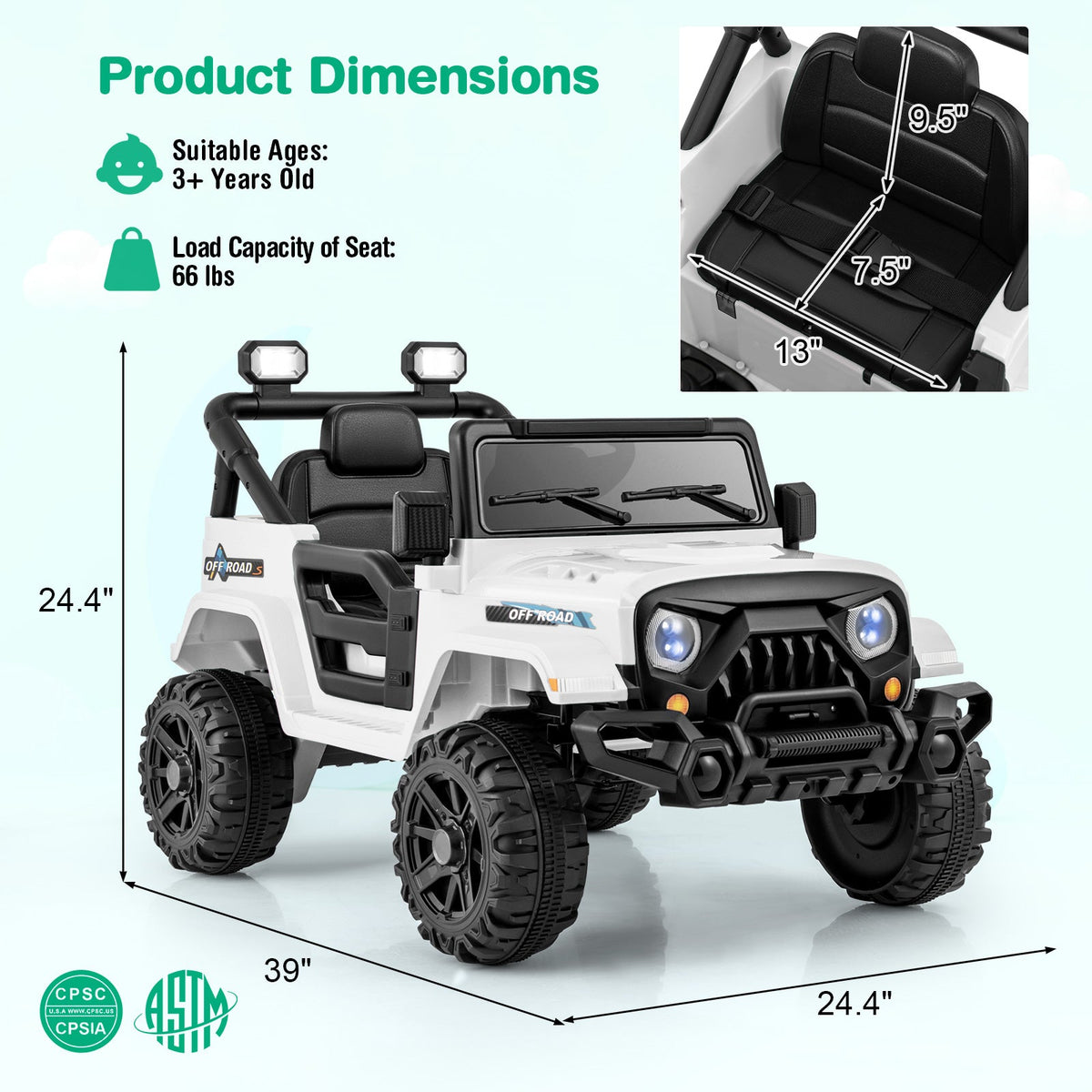 12V Kids Ride on Truck Car with Remote Control Threaded Wheels and 3 Speeds-White