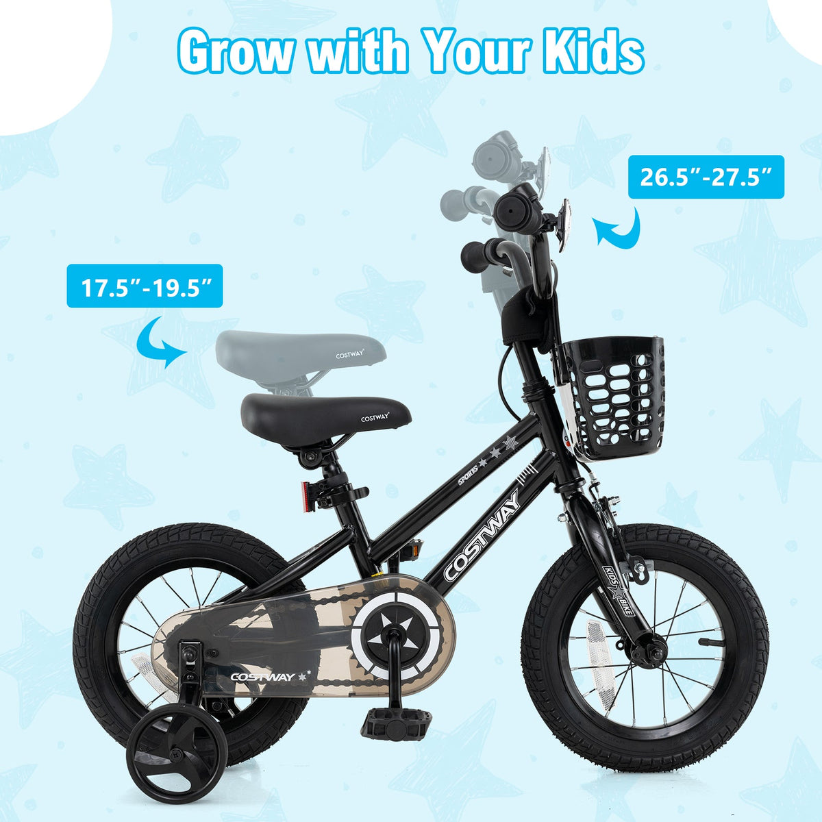12 Inch Kids Bike with Basket and Training Wheels for Children Aged 3-5 Years Old