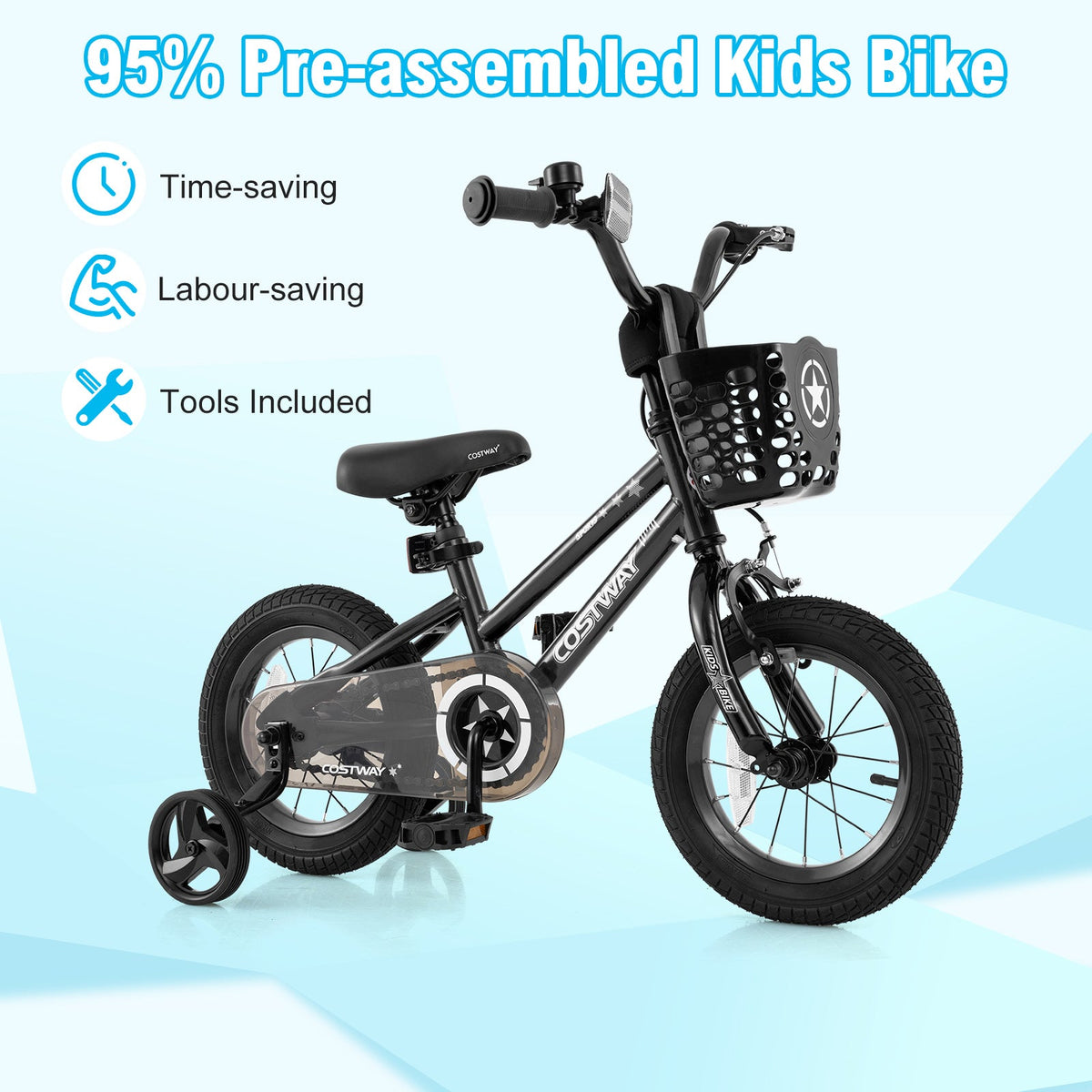 12 Inch Kids Bike with Basket and Training Wheels for Children Aged 3-5 Years Old