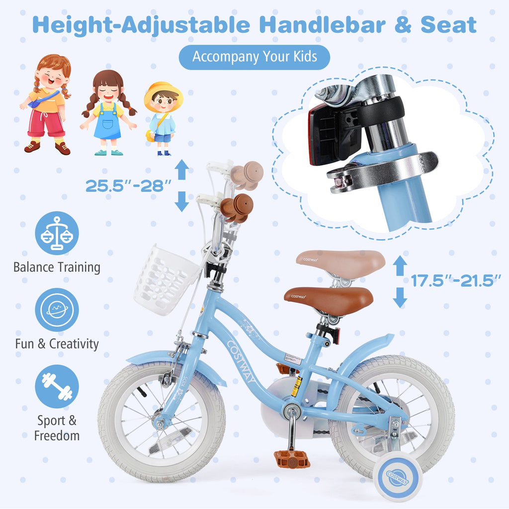 12 Inch Kids Bike with Adjustable Handlebar and Seat for 3-4 Year Old